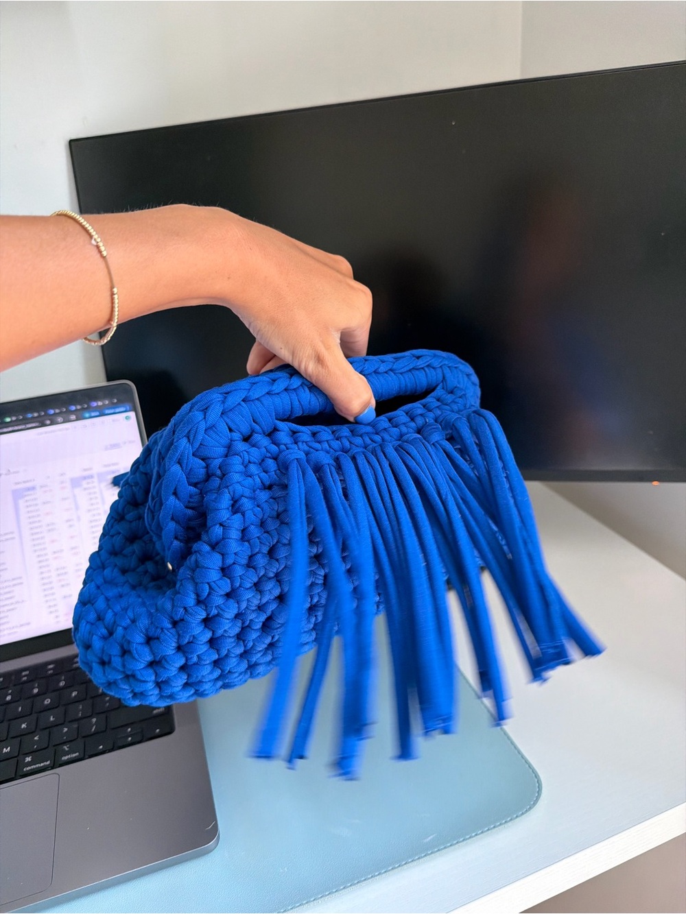 Handcrafted Blue Crochet Fringe Clutch - Picture 3 of 5
